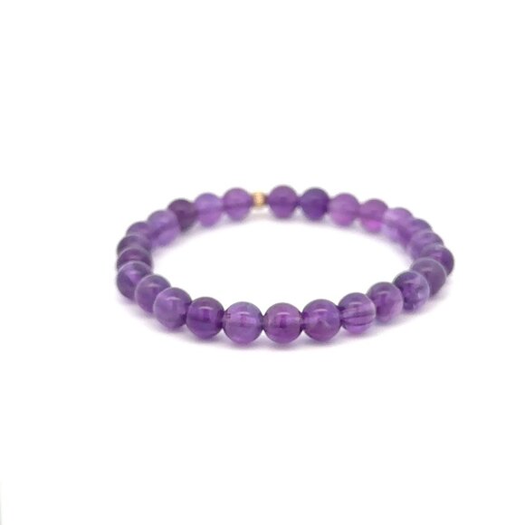 Natural Gemstones Amethyst 6mm Stretchable Bracelet 14k Gold Corrugated Bead - Picture 4 of 6
